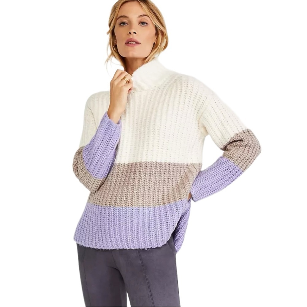 Ann Taylor Chunky Cable Knit Marled Striped Colorblock Turtleneck Sweater size S